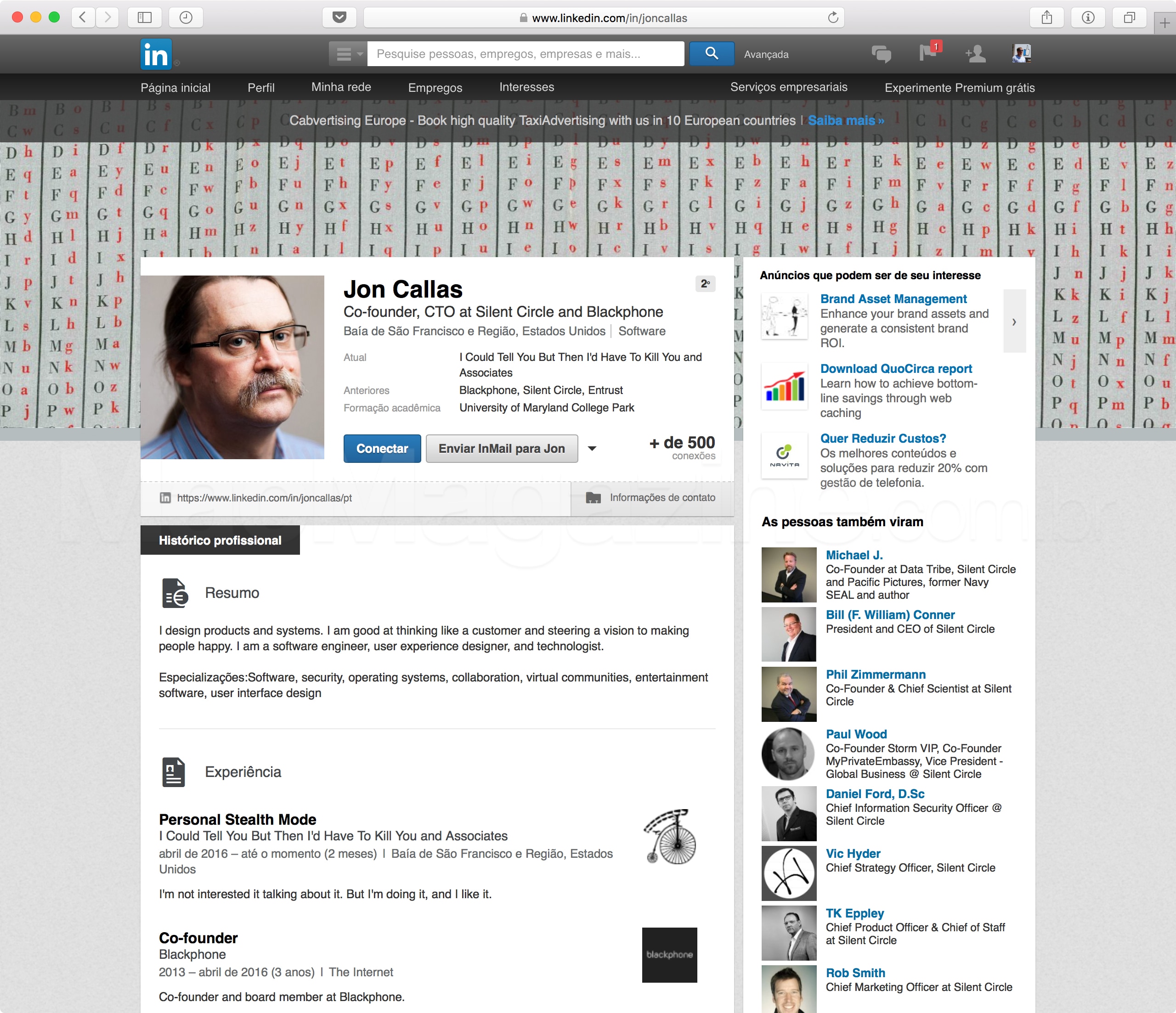 Perfil de Jon Callas no LinkedIn