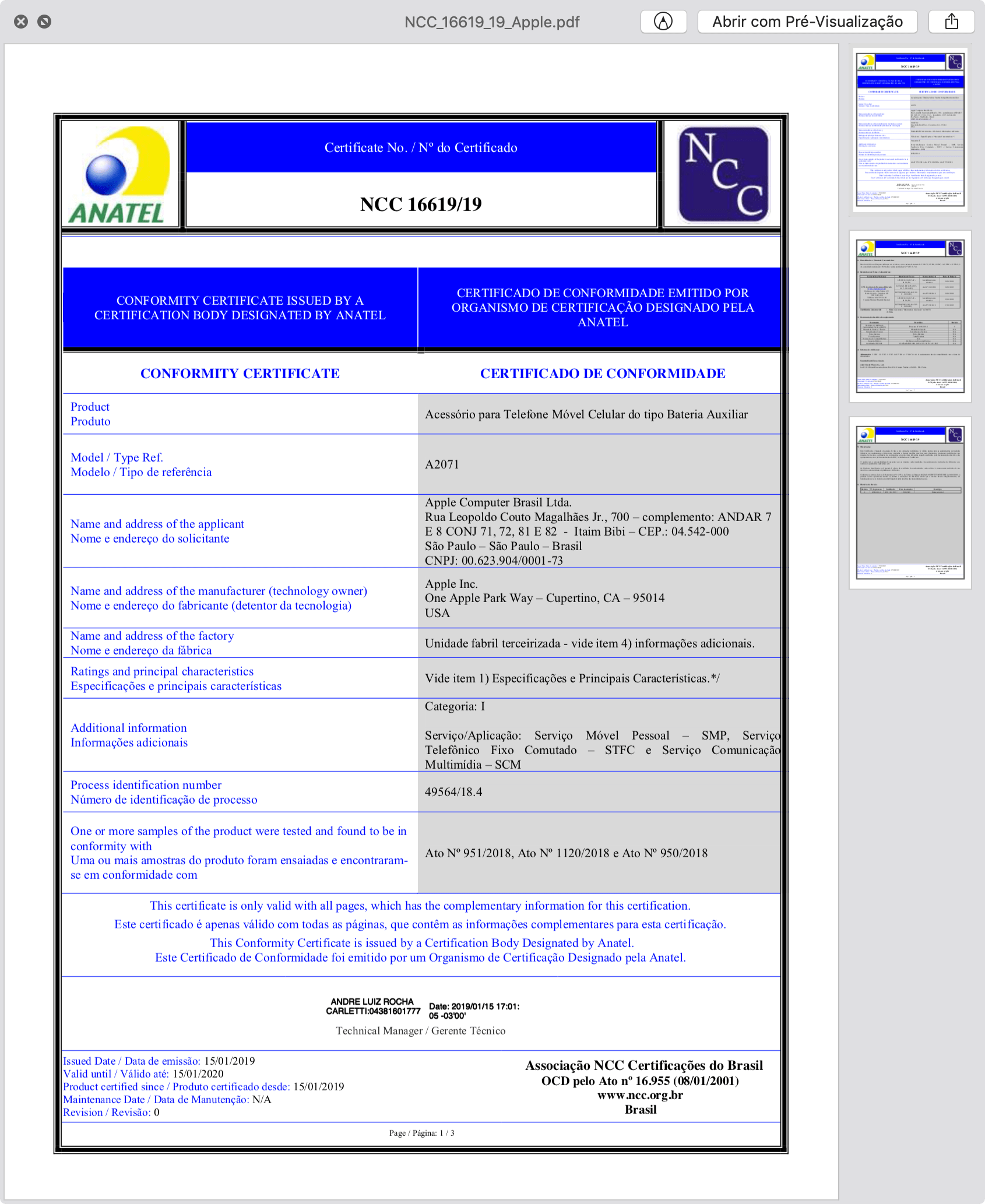 Certificado de homologação da Smart Battery Case do iPhone XS Max