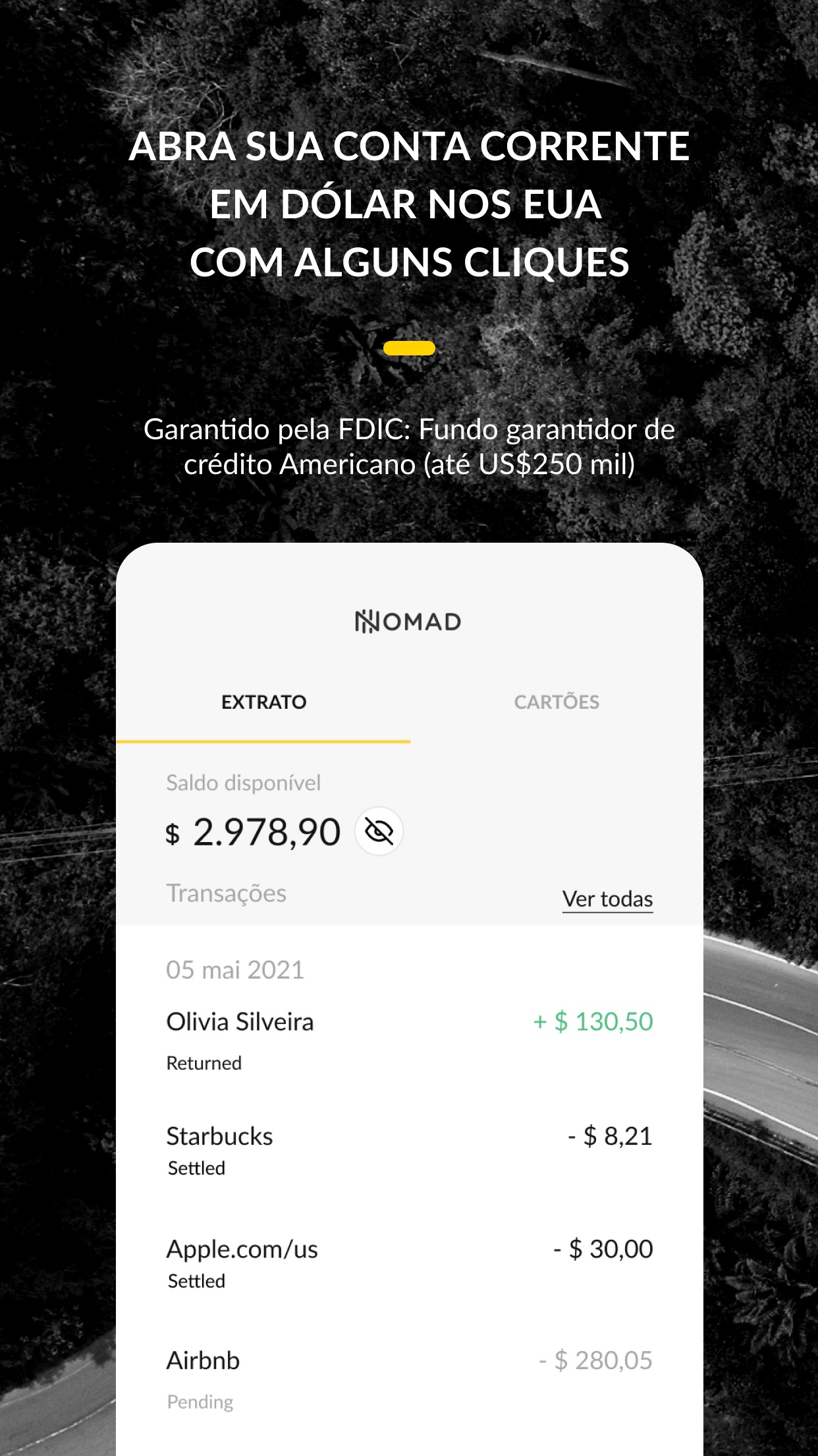 Screenshot do app Nomad: Conta Global em Dólar