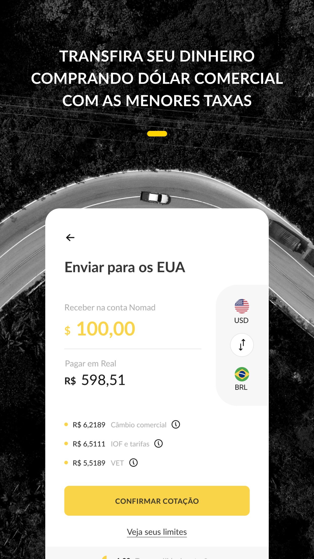 Screenshot do app Nomad: Conta Global em Dólar