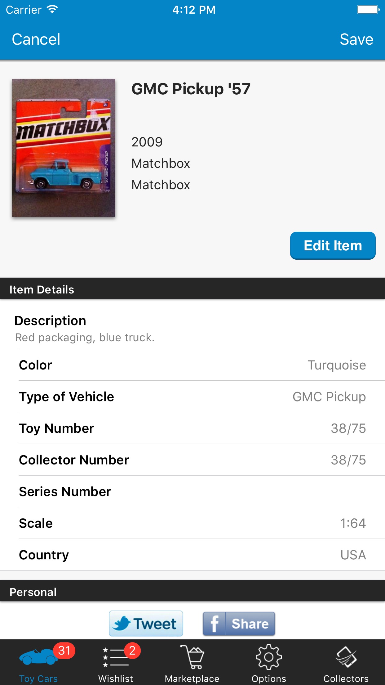 Screenshot do app Toy Car Collector Database