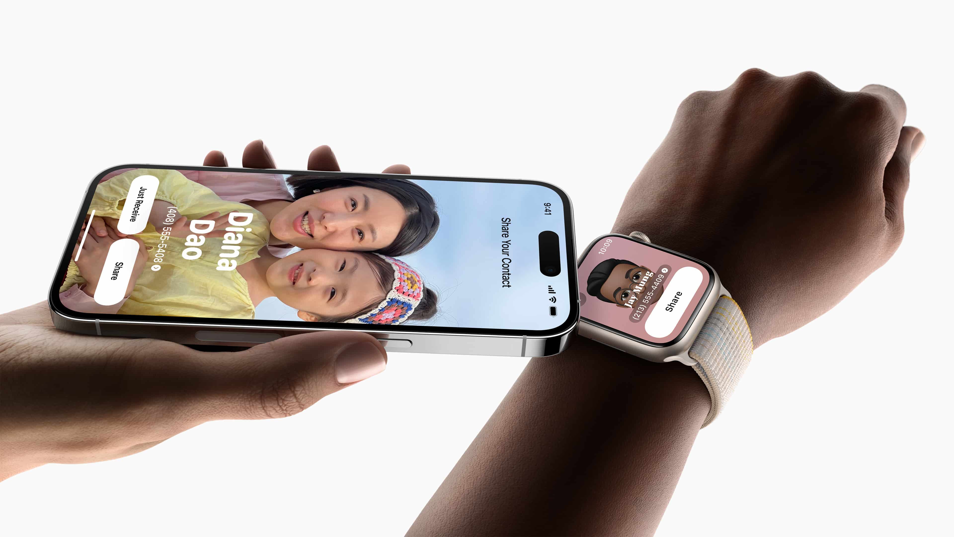 Usando o NameDrop entre iPhone e Apple Watch com iOS 17 e watchOS 10