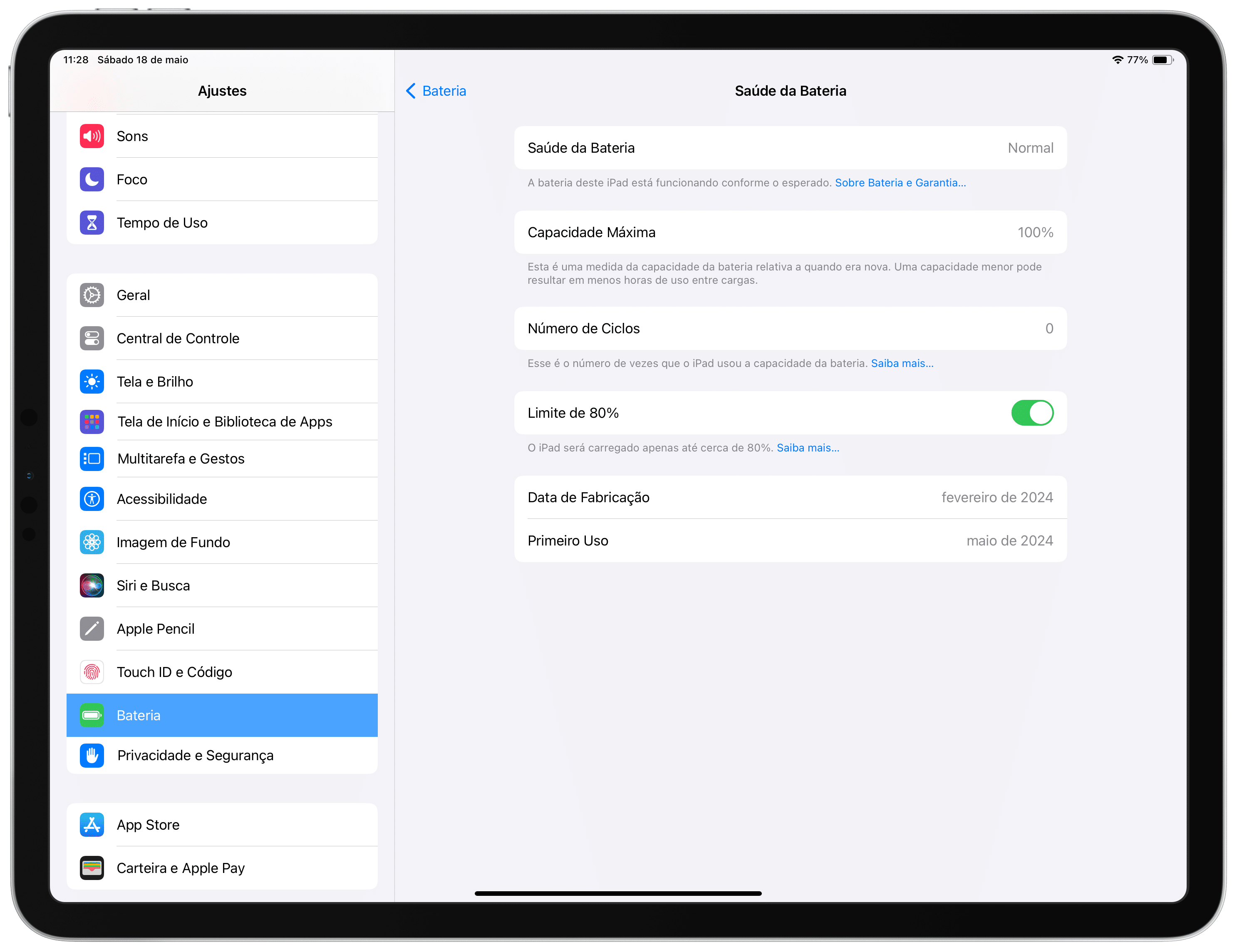 Número de Ciclos e Limite de bateria a 80% nos iPads Air M2 e Pro M4