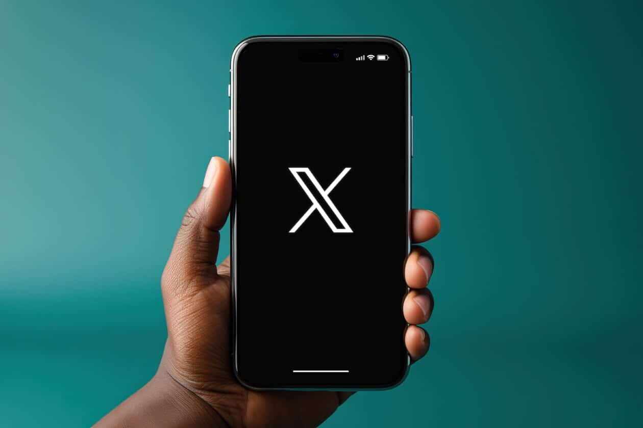 Pessoa segurando um iPhone X com o logo da rede social X.