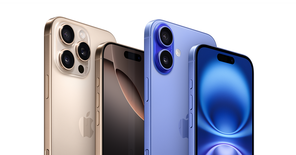 iPhones 16 Pro [Max], iPhones 16 [Plus] nas cores titânio-deserto e azul ultramarino