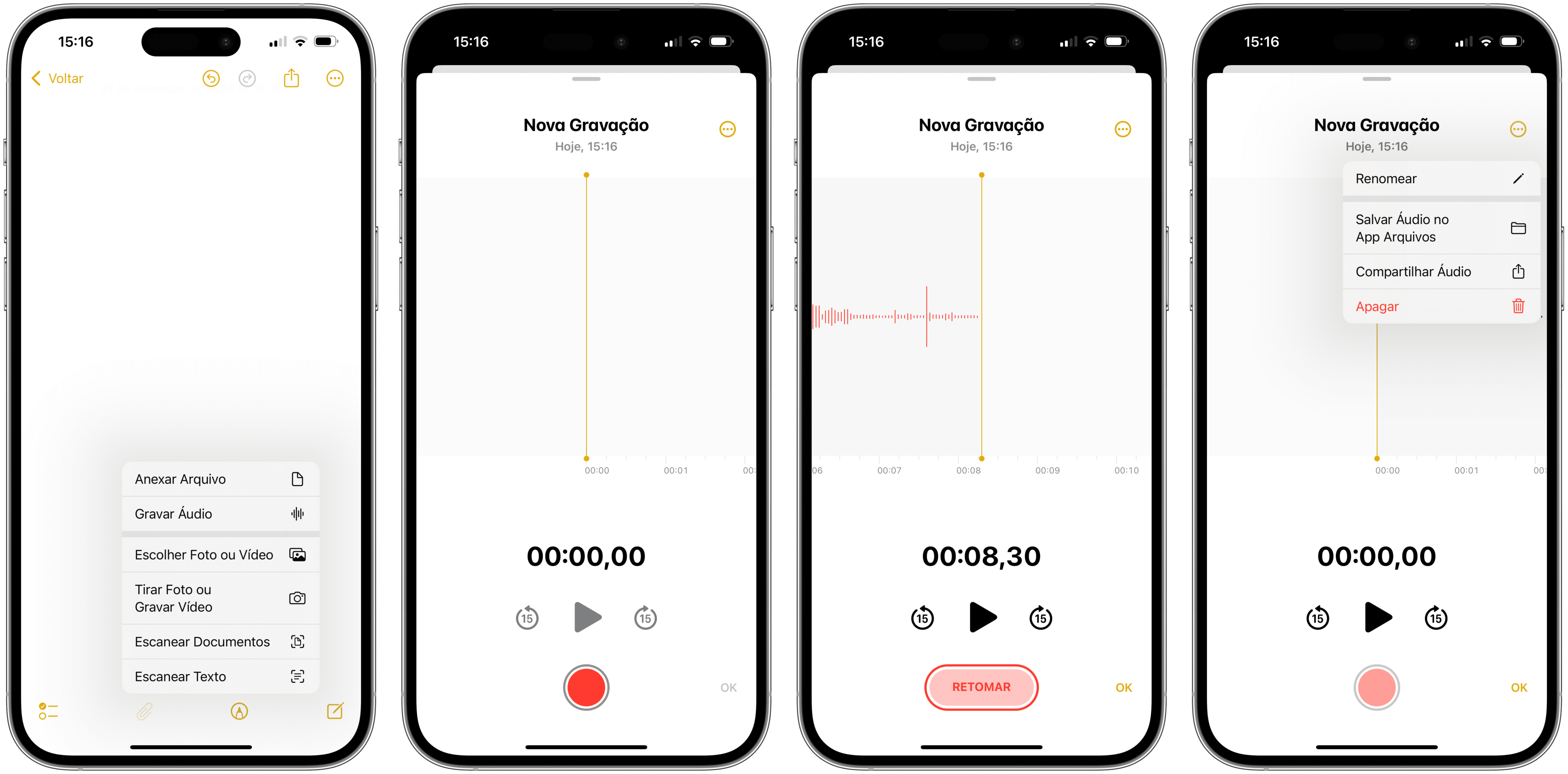 Gravação de áudio no Notas do iOS 18