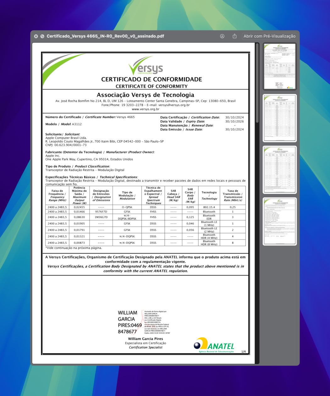 Homologação do MacBook Pro (modelo A3112)