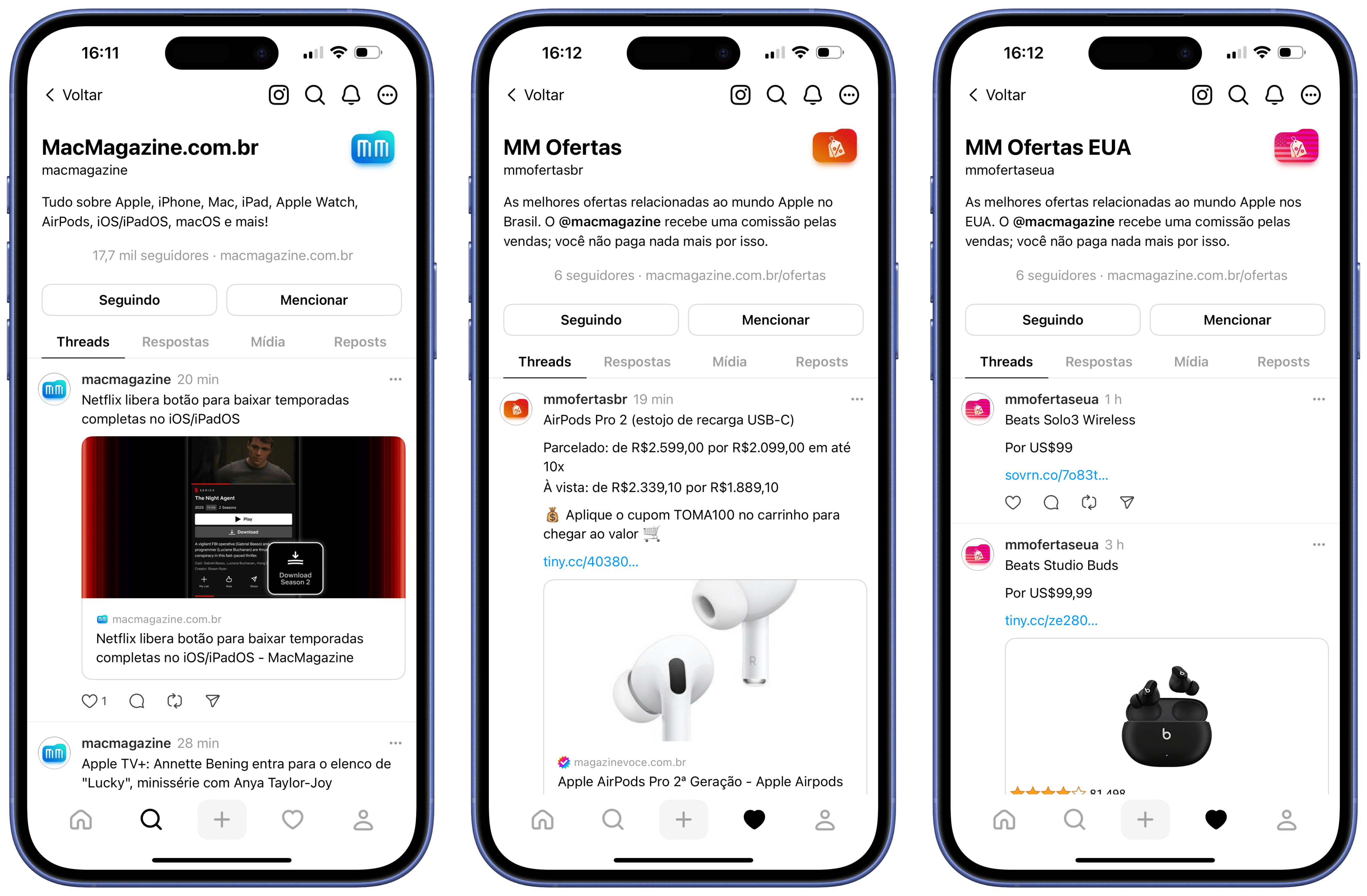 Canais do MacMagazine, do MM Ofertas e do MM Ofertas EUA no Threads