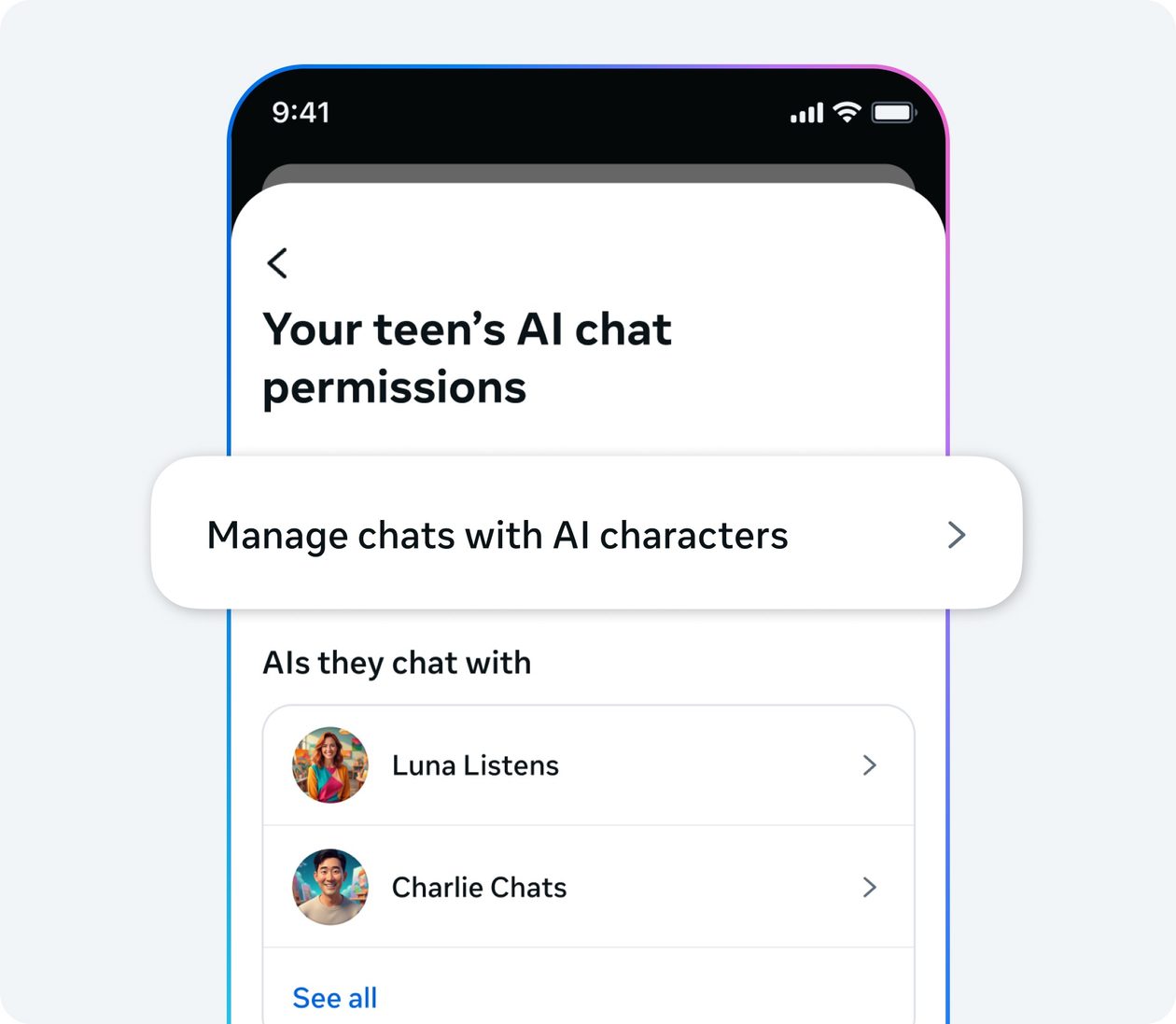 Controles parentais para IAs personalizadas da Meta