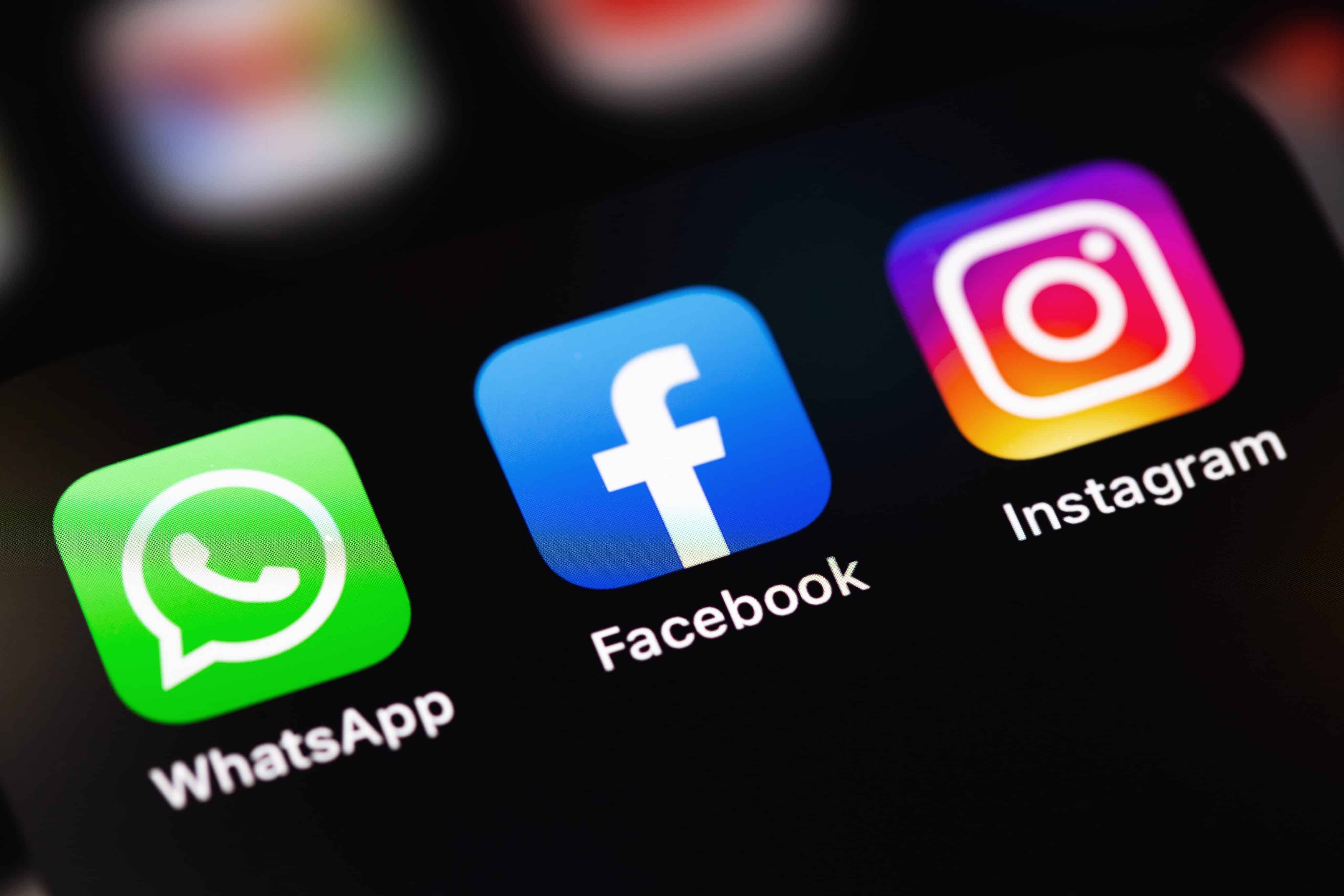 Ícones dos apps WhatsApp, Facebook e Instagram