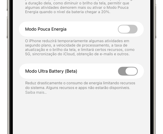 Beta do iOS 26.5 esconde modo “Ultra Battery” que reduz drasticamente o consumo de bateria do iPhone